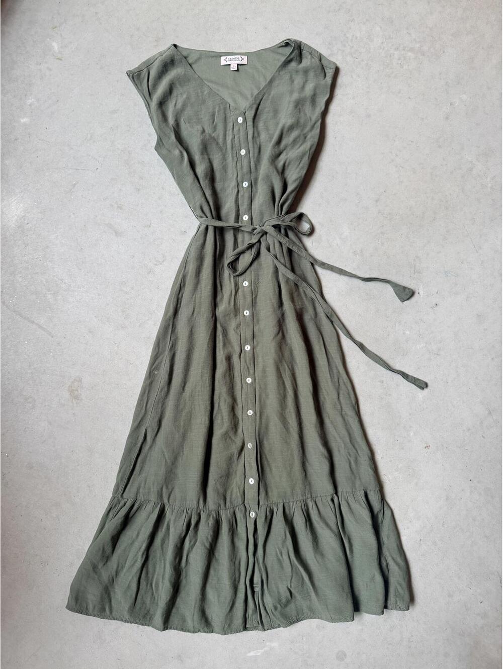Nanette Lepore Olive Green Maxi Dress with Button Front and Tie Waist